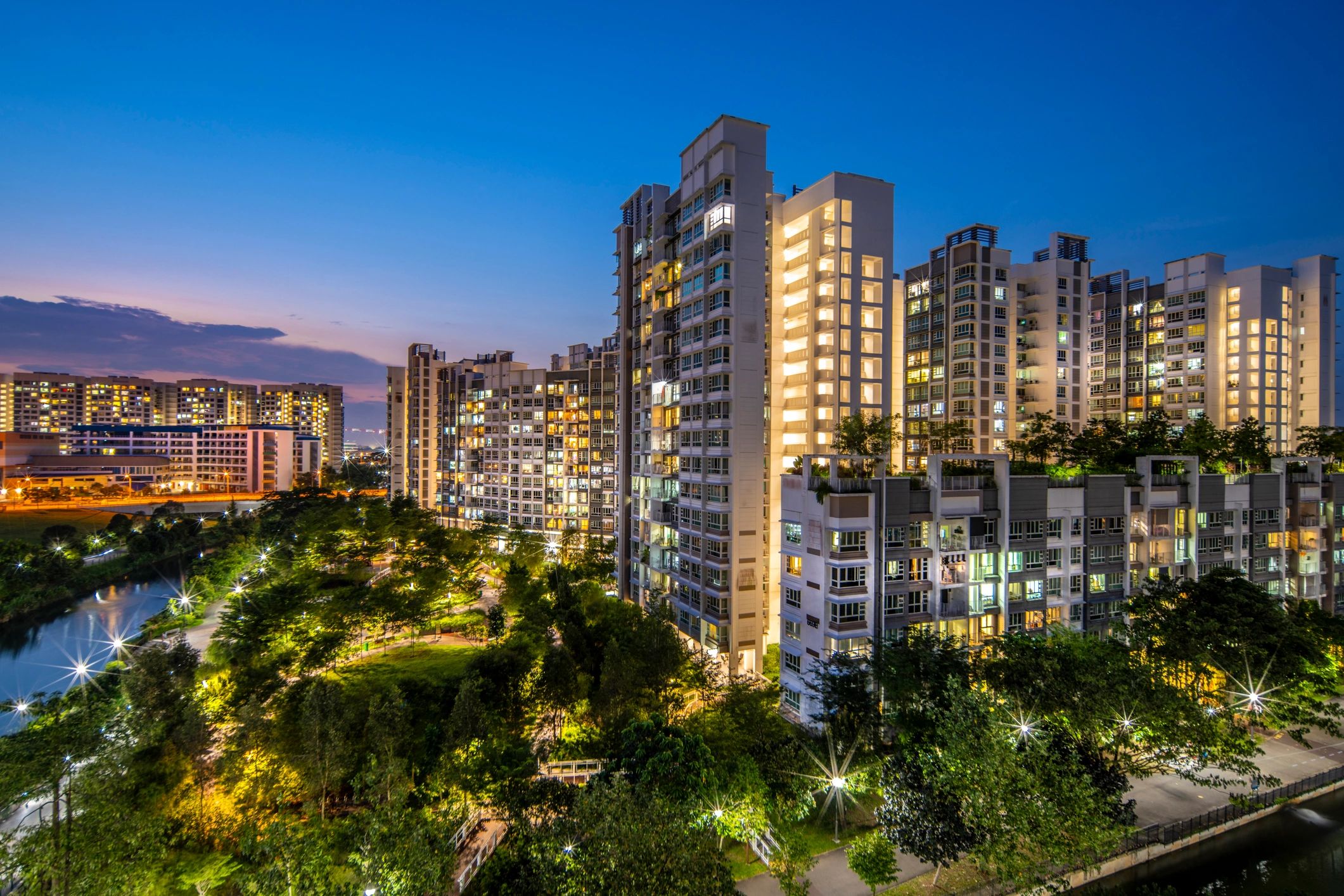 Modern residential apartment buildings at dusk